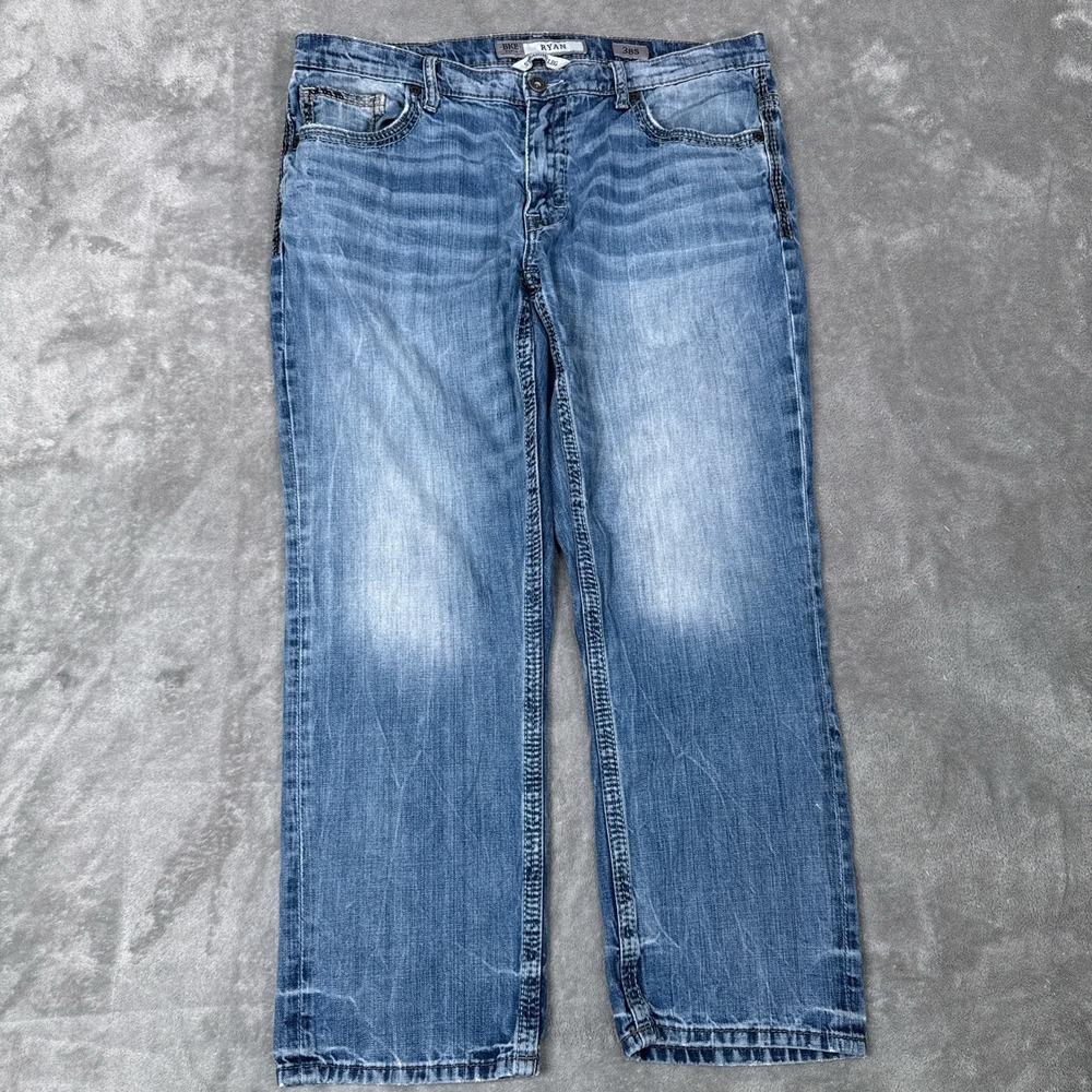 BKE Jeans Mens 38s Ryan Straight Leg Blue Denim 38x30‎ Whiskers Nice Fade